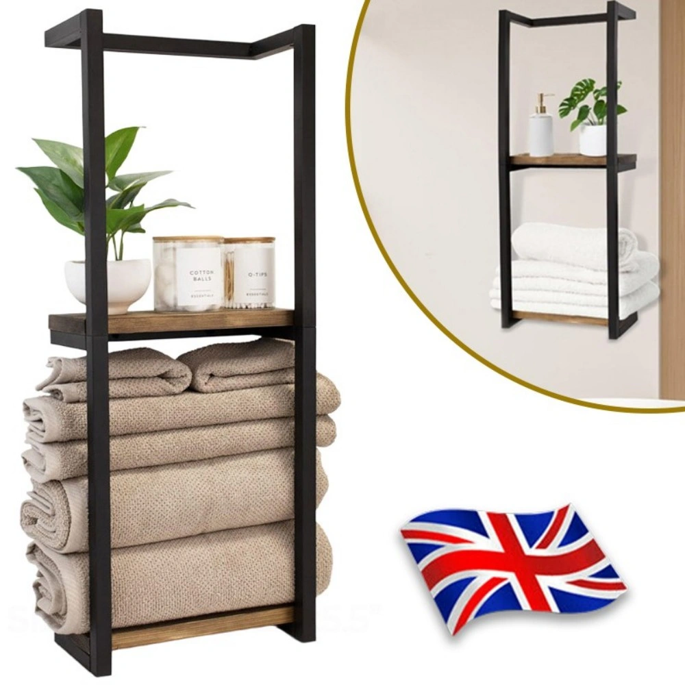 Wall Mounted Towel Rack with Shelf & Rail - Metal Bathroom Organizer Storage Holder Black view 2