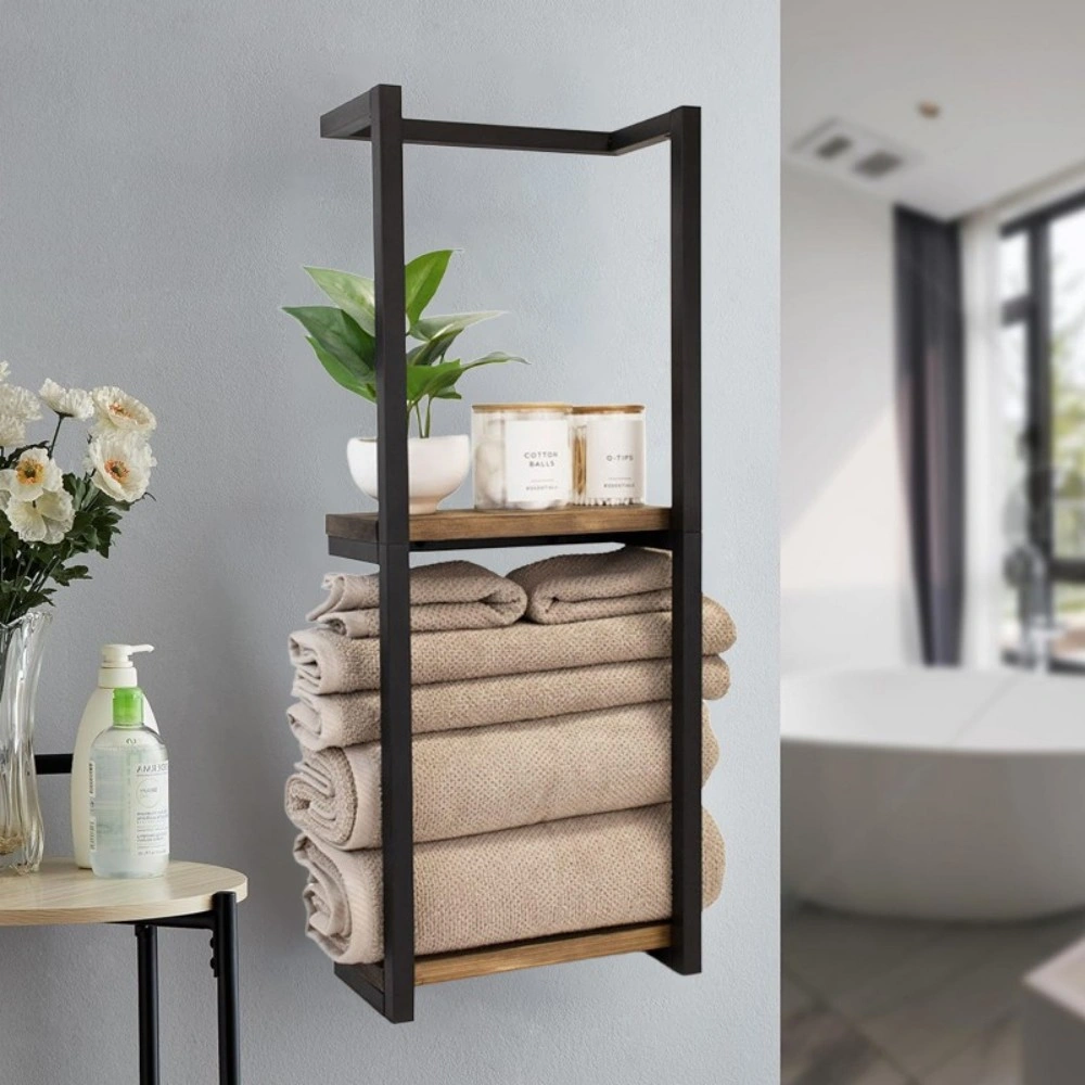 Wall Mounted Towel Rack with Shelf & Rail - Metal Bathroom Organizer Storage Holder Black view 5
