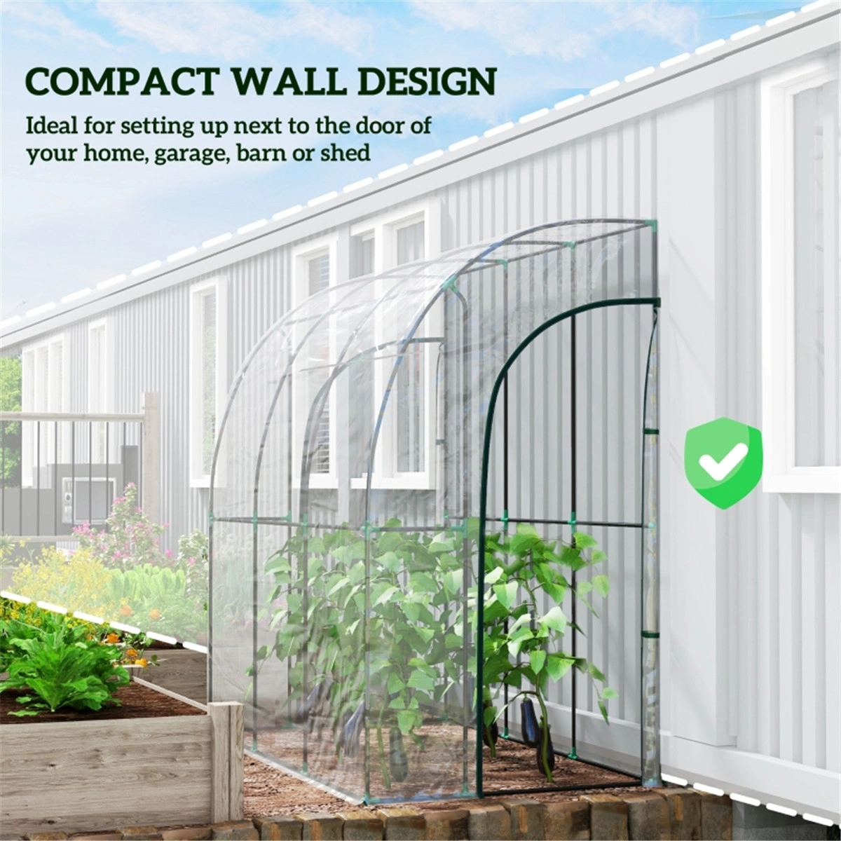 Walk-In Lean-to Wall Tunnel Greenhouse, Portable Plant Growing House with Zipper Door view 2