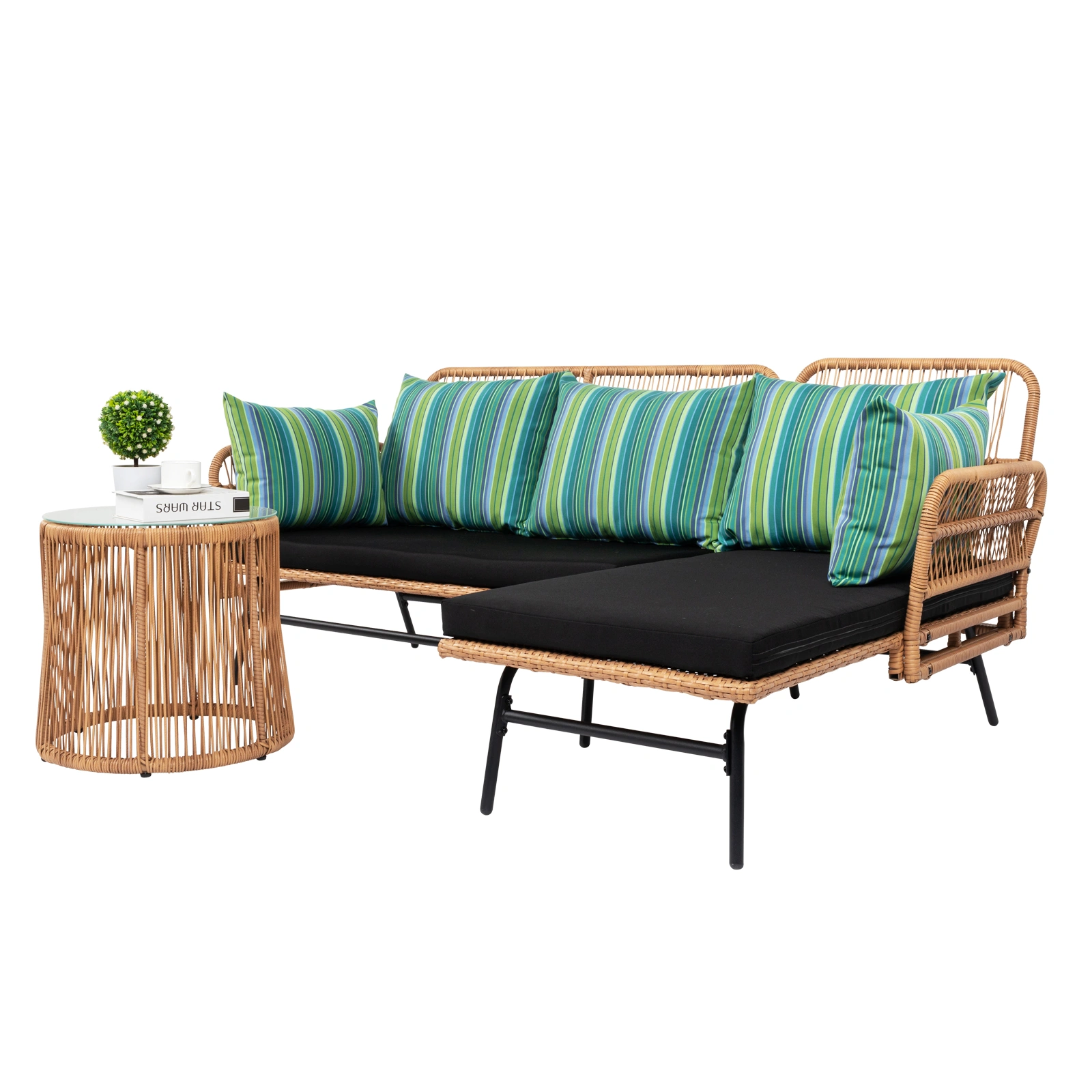 Outdoor 3-Piece Rope Woven Sectional Patio Sofa Set, L-Shaped Conversation Set w/ Thick Cushions, Detachable Lounger & Side Table for Backyard Porch view 2