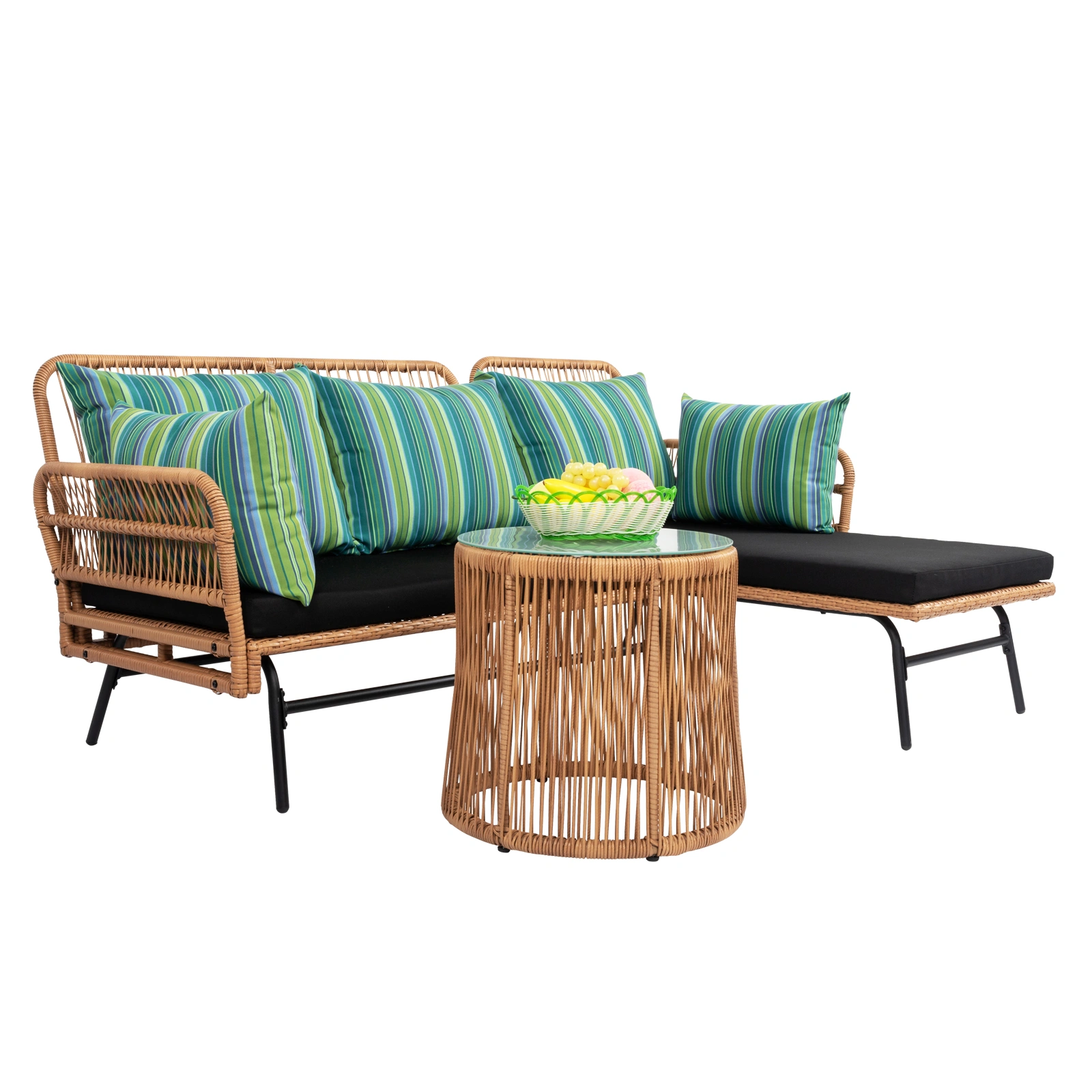 Outdoor 3-Piece Rope Woven Sectional Patio Sofa Set, L-Shaped Conversation Set w/ Thick Cushions, Detachable Lounger & Side Table for Backyard Porch view 3