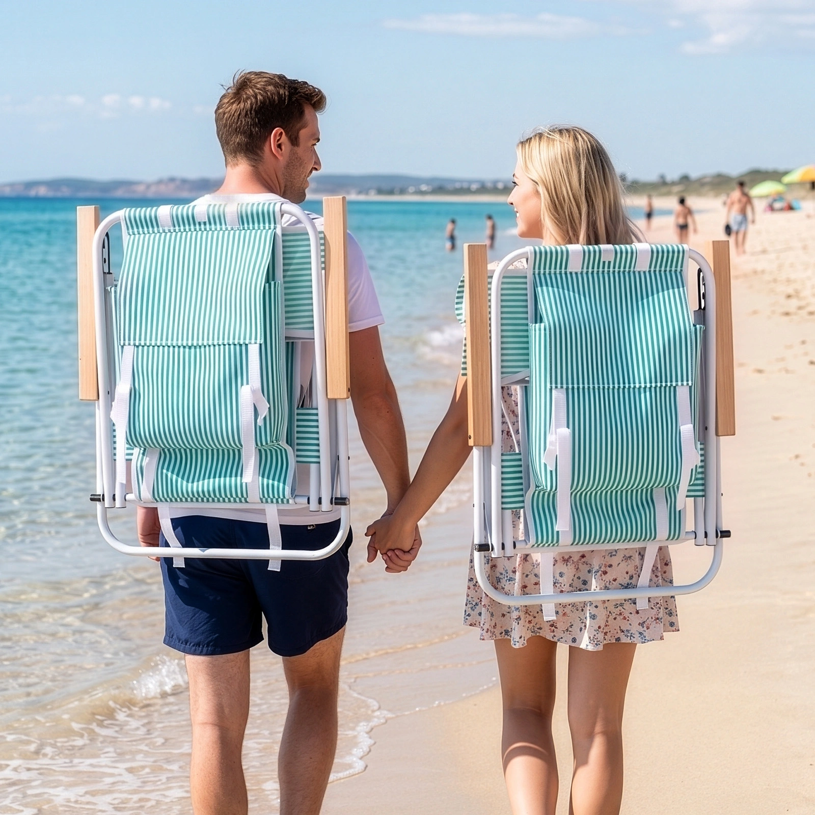 4-Position Adjustable Backpack Beach Chair, Foldable Rustproof Aluminum Frame Lounge Chair with Wooden Armrest, Side Storage Pockets & Detachable Pillow, 24"×22"×37" Outdoor Patio Camping Lawn Chair Holds up to 265 LBS, Mint Green White Vertical Stri view 13
