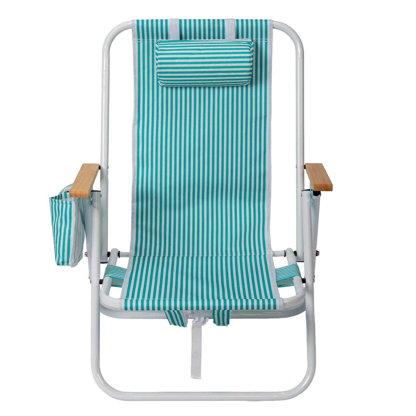 4-Position Adjustable Backpack Beach Chair, Foldable Rustproof Aluminum Frame Lounge Chair with Wooden Armrest, Side Storage Pockets & Detachable Pillow, 24"×22"×37" Outdoor Patio Camping Lawn Chair Holds up to 265 LBS, Mint Green White Vertical Stri view 2