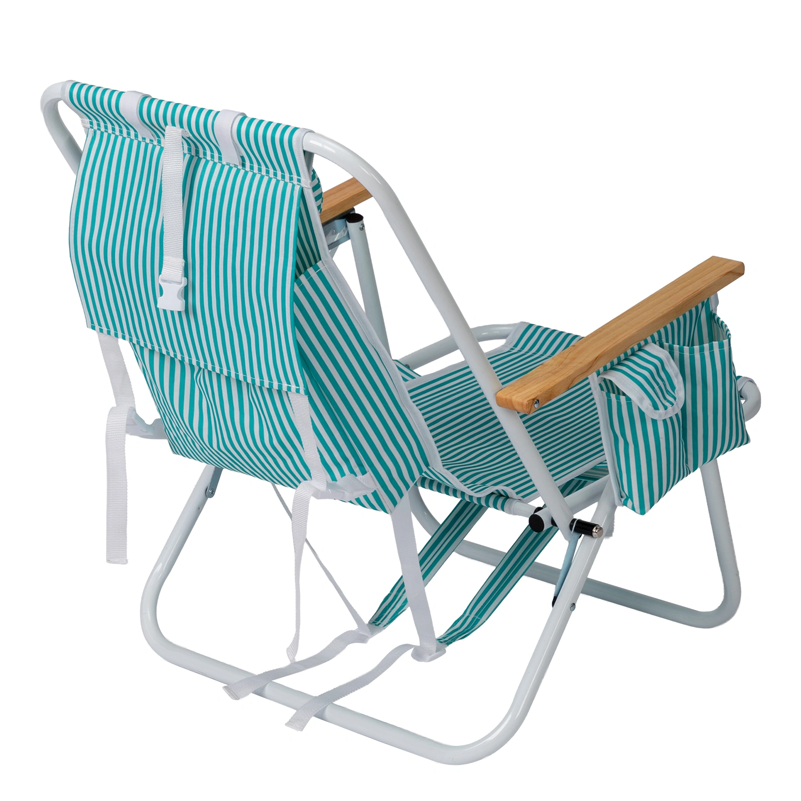 4-Position Adjustable Backpack Beach Chair, Foldable Rustproof Aluminum Frame Lounge Chair with Wooden Armrest, Side Storage Pockets & Detachable Pillow, 24"×22"×37" Outdoor Patio Camping Lawn Chair Holds up to 265 LBS, Mint Green White Vertical Stri view 3