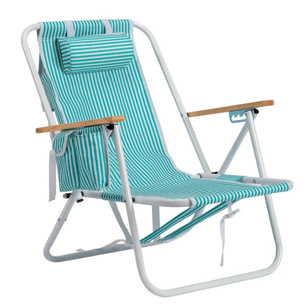 4-Position Adjustable Backpack Beach Chair, Foldable Rustproof Aluminum Frame Lounge Chair with Wooden Armrest, Side Storage Pockets & Detachable Pillow, 24"×22"×37" Outdoor Patio Camping Lawn Chair Holds up to 265 LBS, Mint Green White Vertical Stri