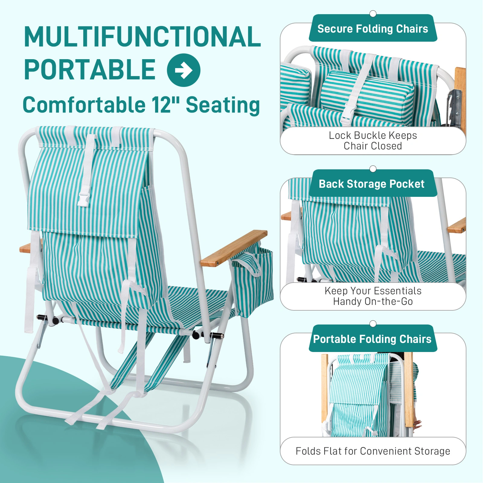 4-Position Adjustable Backpack Beach Chair, Foldable Rustproof Aluminum Frame Lounge Chair with Wooden Armrest, Side Storage Pockets & Detachable Pillow, 24"×22"×37" Outdoor Patio Camping Lawn Chair Holds up to 265 LBS, Mint Green White Vertical Stri view 6
