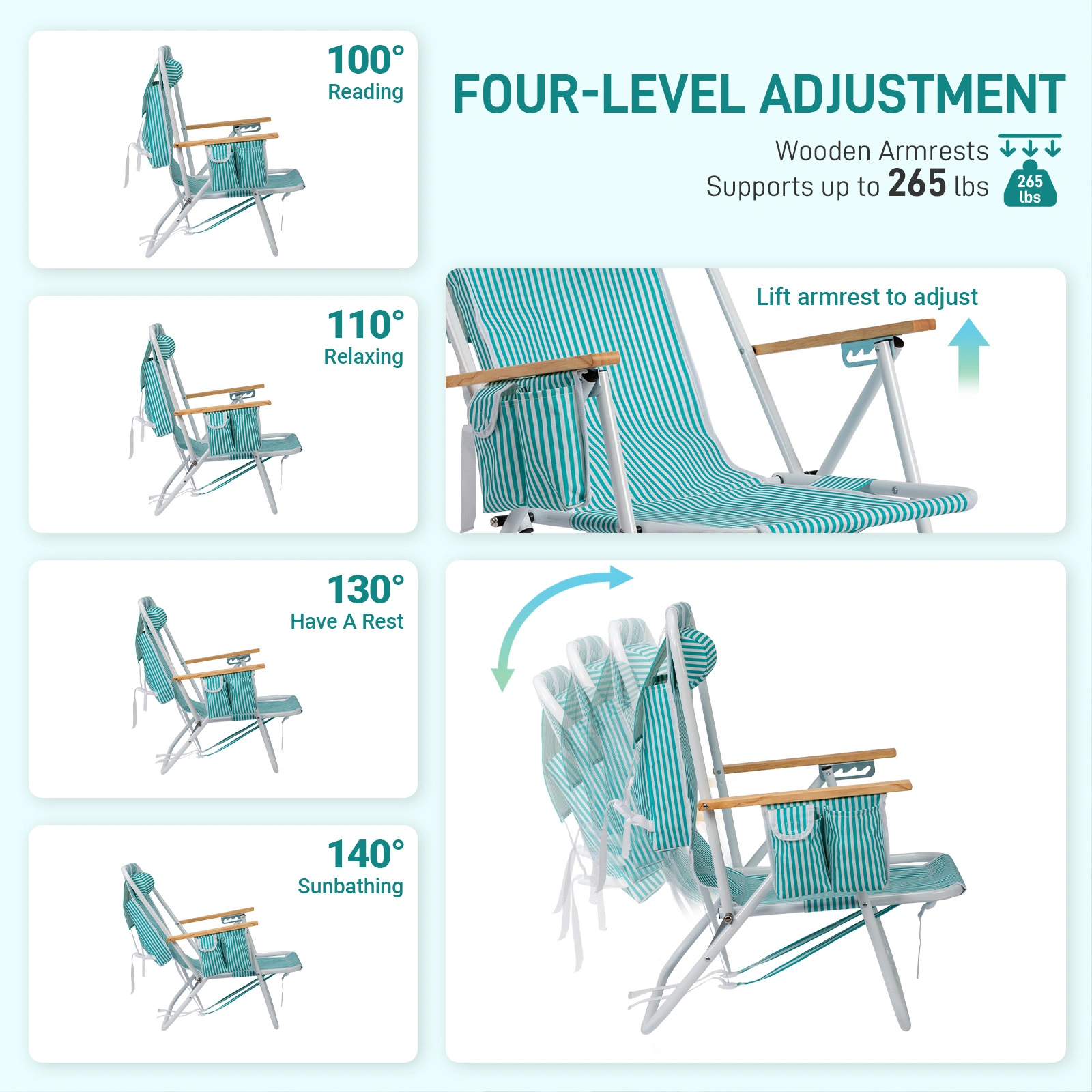 4-Position Adjustable Backpack Beach Chair, Foldable Rustproof Aluminum Frame Lounge Chair with Wooden Armrest, Side Storage Pockets & Detachable Pillow, 24"×22"×37" Outdoor Patio Camping Lawn Chair Holds up to 265 LBS, Mint Green White Vertical Stri view 7