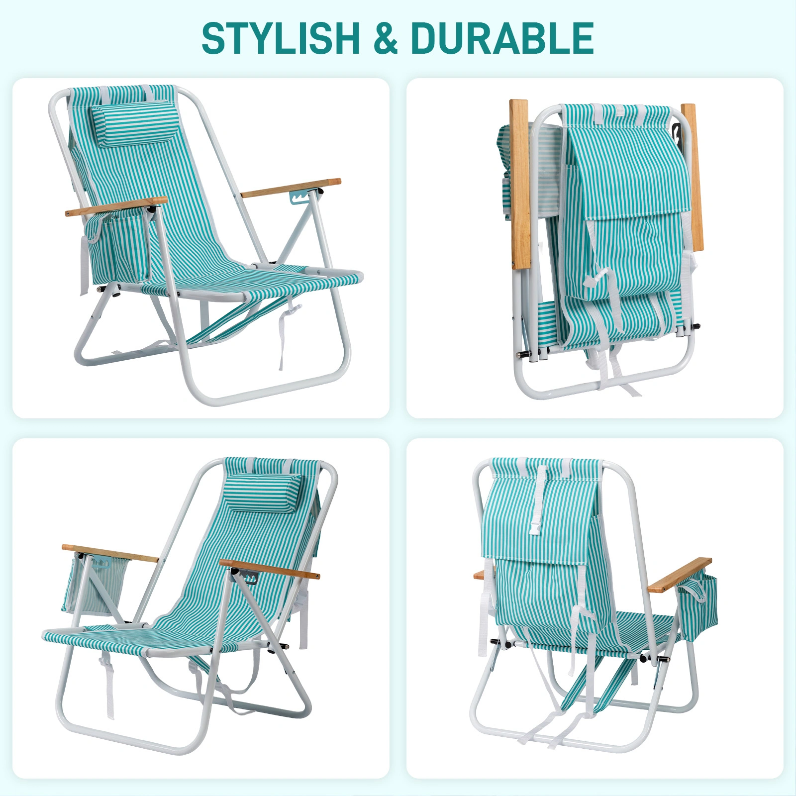 4-Position Adjustable Backpack Beach Chair, Foldable Rustproof Aluminum Frame Lounge Chair with Wooden Armrest, Side Storage Pockets & Detachable Pillow, 24"×22"×37" Outdoor Patio Camping Lawn Chair Holds up to 265 LBS, Mint Green White Vertical Stri view 8