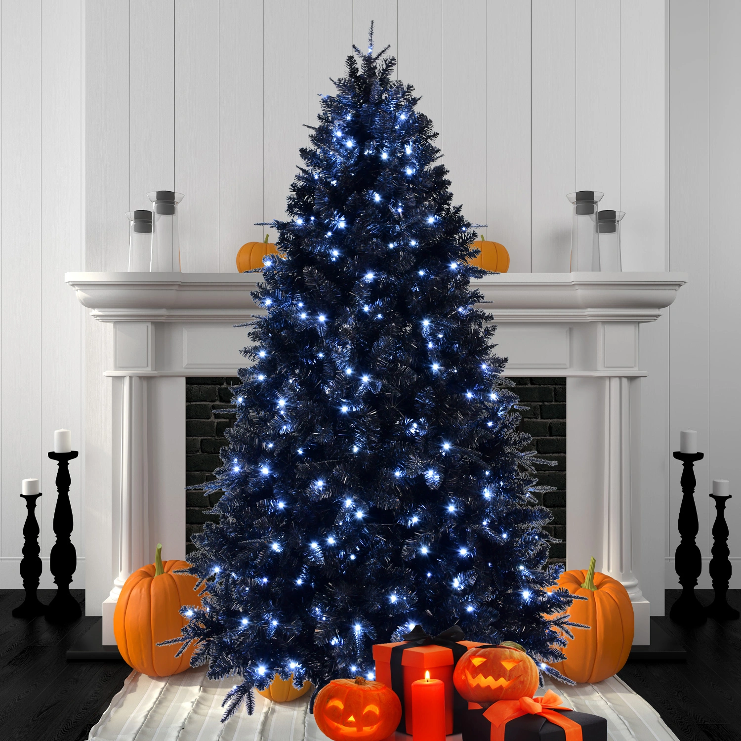 5FT Black Artificial Christmas Tree with 250 White LED Lights, 1076 Tips PE+PVC Pre-Lit Hinged Holiday Tree with Metal Stand for Home Indoor Decor