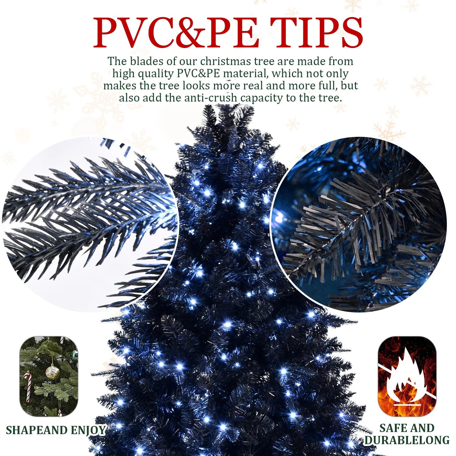 5FT Black Artificial Christmas Tree with 250 White LED Lights, 1076 Tips PE+PVC Pre-Lit Hinged Holiday Tree with Metal Stand for Home Indoor Decor view 12