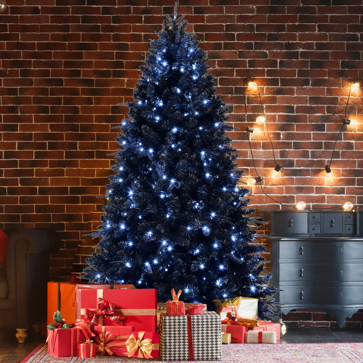 5FT Black Artificial Christmas Tree with 250 White LED Lights, 1076 Tips PE+PVC Pre-Lit Hinged Holiday Tree with Metal Stand for Home Indoor Decor view 13