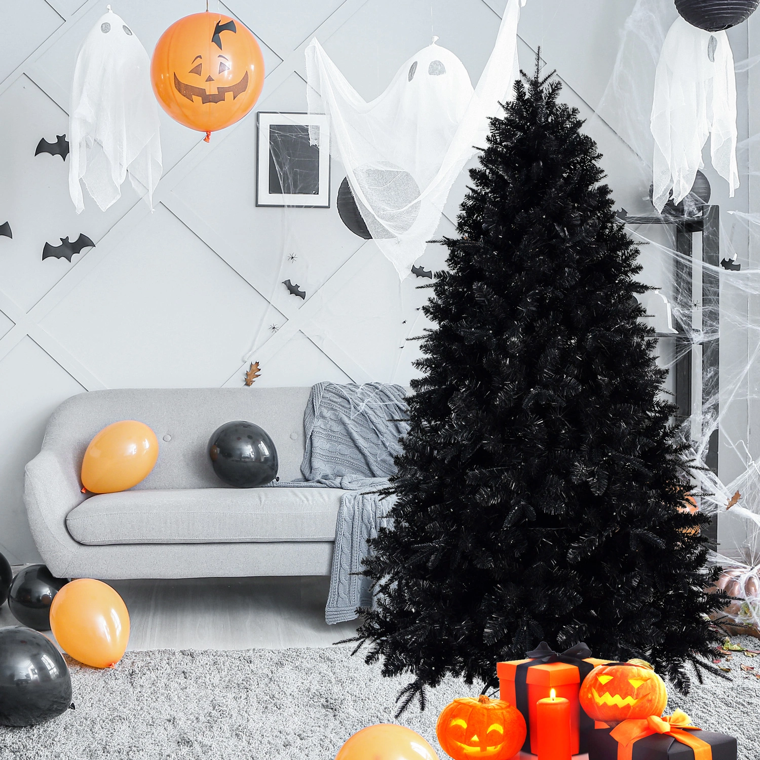 5FT Black Artificial Christmas Tree with 250 White LED Lights, 1076 Tips PE+PVC Pre-Lit Hinged Holiday Tree with Metal Stand for Home Indoor Decor view 8