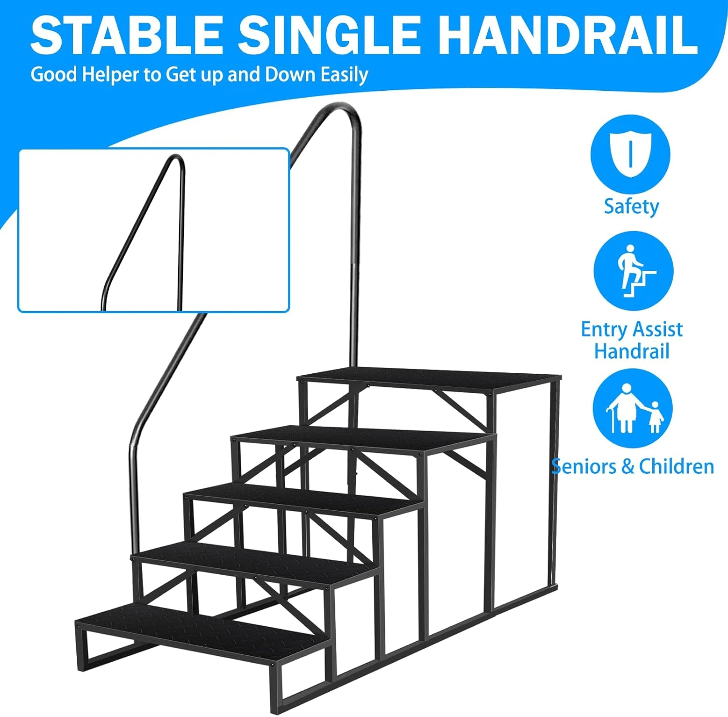 5-Step Ladder with Handle, RV Step Stool, Pet Stairs, Steel Household Step Ladder Hocker, Max 300kg for Spa, Courtyard, Mobile Home view 3