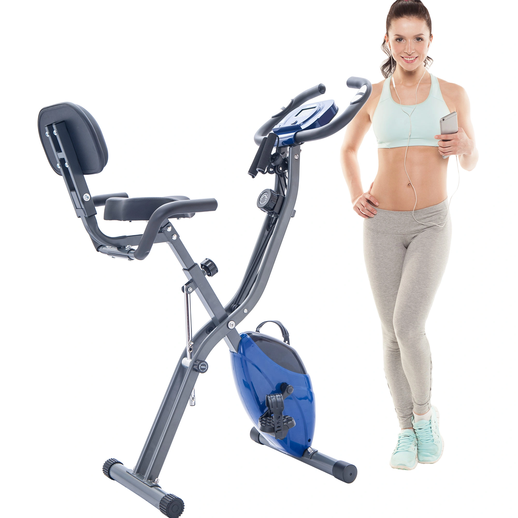 Folding Exercise Bike, Fitness Upright and Recumbent with 16-Level Adjustable Resistance, Arm Bands and Backrest view 2