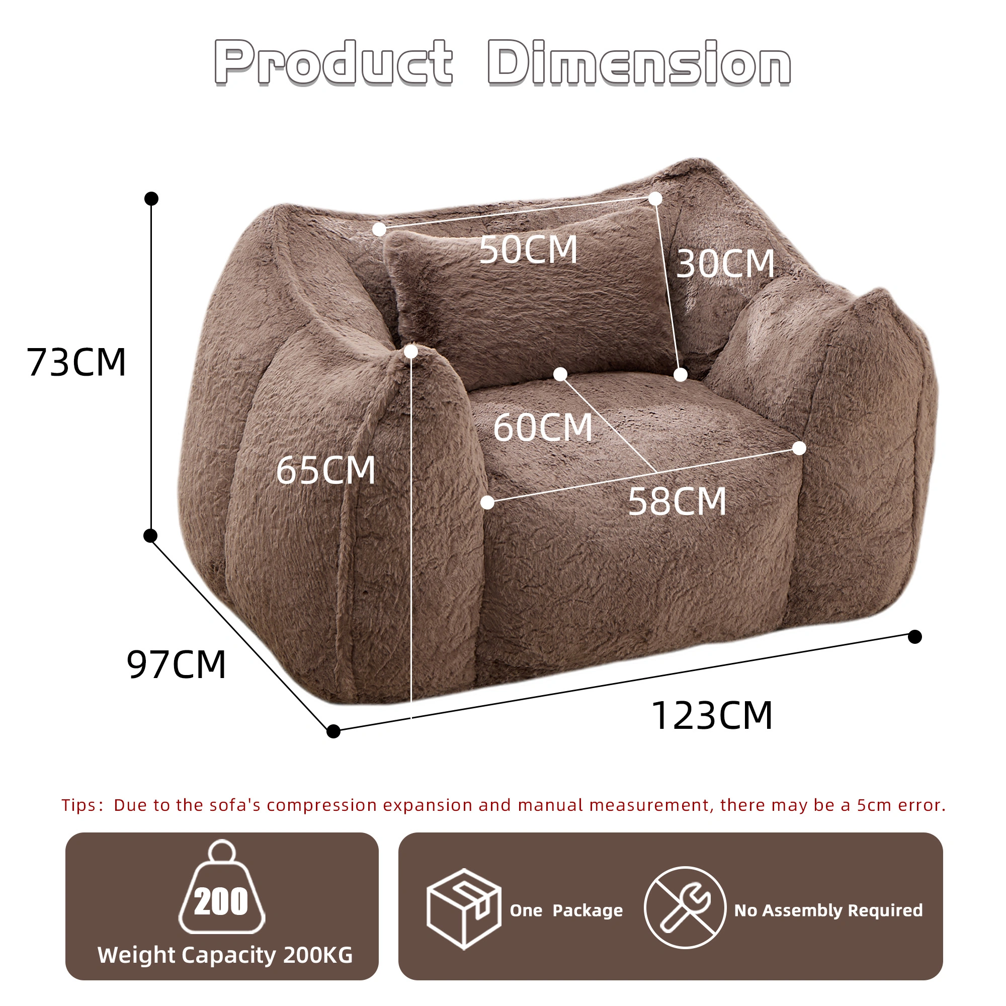 Giant Bean Bag Chair with Pillow, Large Faux Fur Bean Bag for Adults & Kids, Khaki Floor Sofa for Living Room Bedroom Apartment view 3