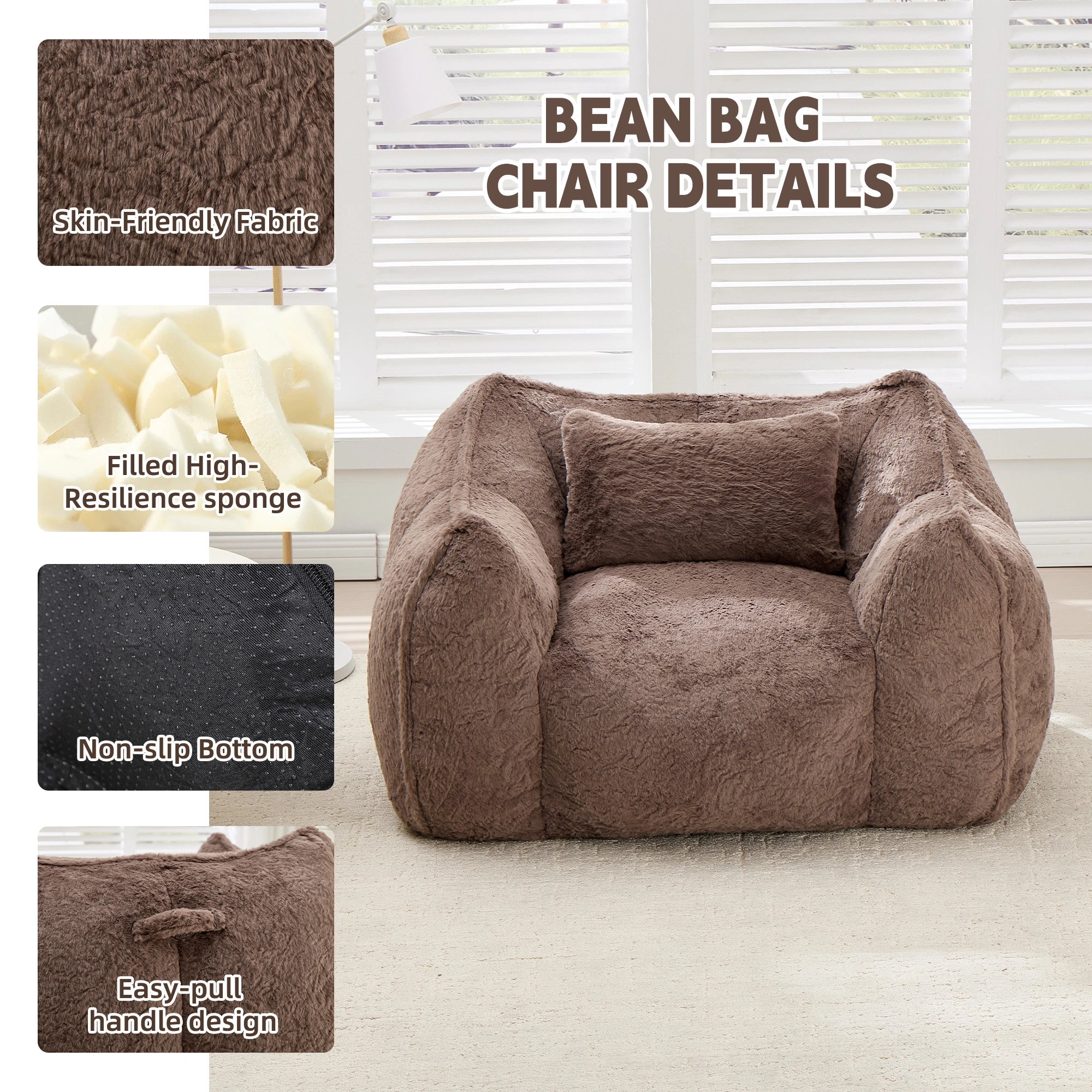 Giant Bean Bag Chair with Pillow, Large Faux Fur Bean Bag for Adults & Kids, Khaki Floor Sofa for Living Room Bedroom Apartment view 4