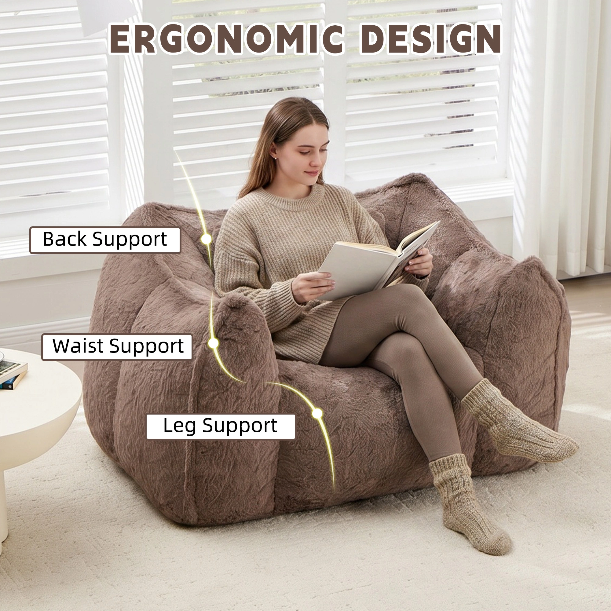 Giant Bean Bag Chair with Pillow, Large Faux Fur Bean Bag for Adults & Kids, Khaki Floor Sofa for Living Room Bedroom Apartment view 5