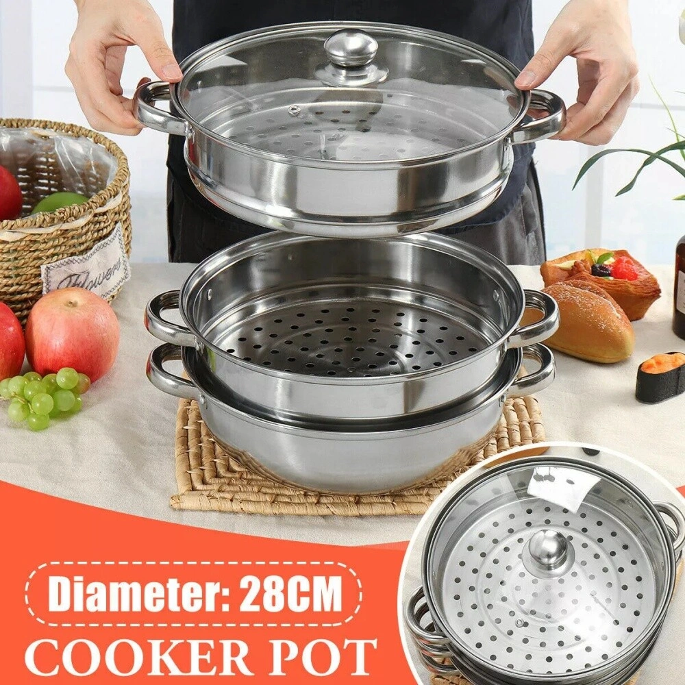 28cm 3 Tier Stainless Steel Steamer Pot Large Vegetable Cooker Insert with Lid Induction view 2