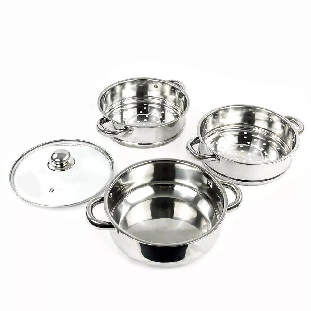 28cm 3 Tier Stainless Steel Steamer Pot Large Vegetable Cooker Insert with Lid Induction view 3