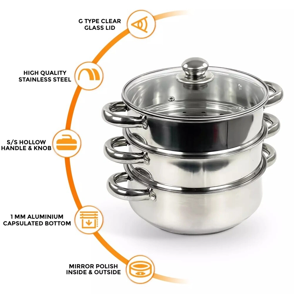 28cm 3 Tier Stainless Steel Steamer Pot Large Vegetable Cooker Insert with Lid Induction view 5