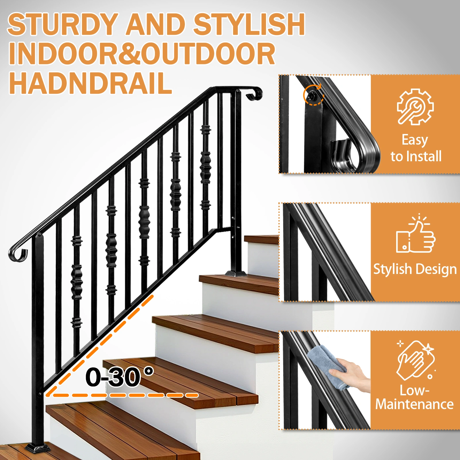 Matte Black Outdoor 4 Level Iron Handrail view 10