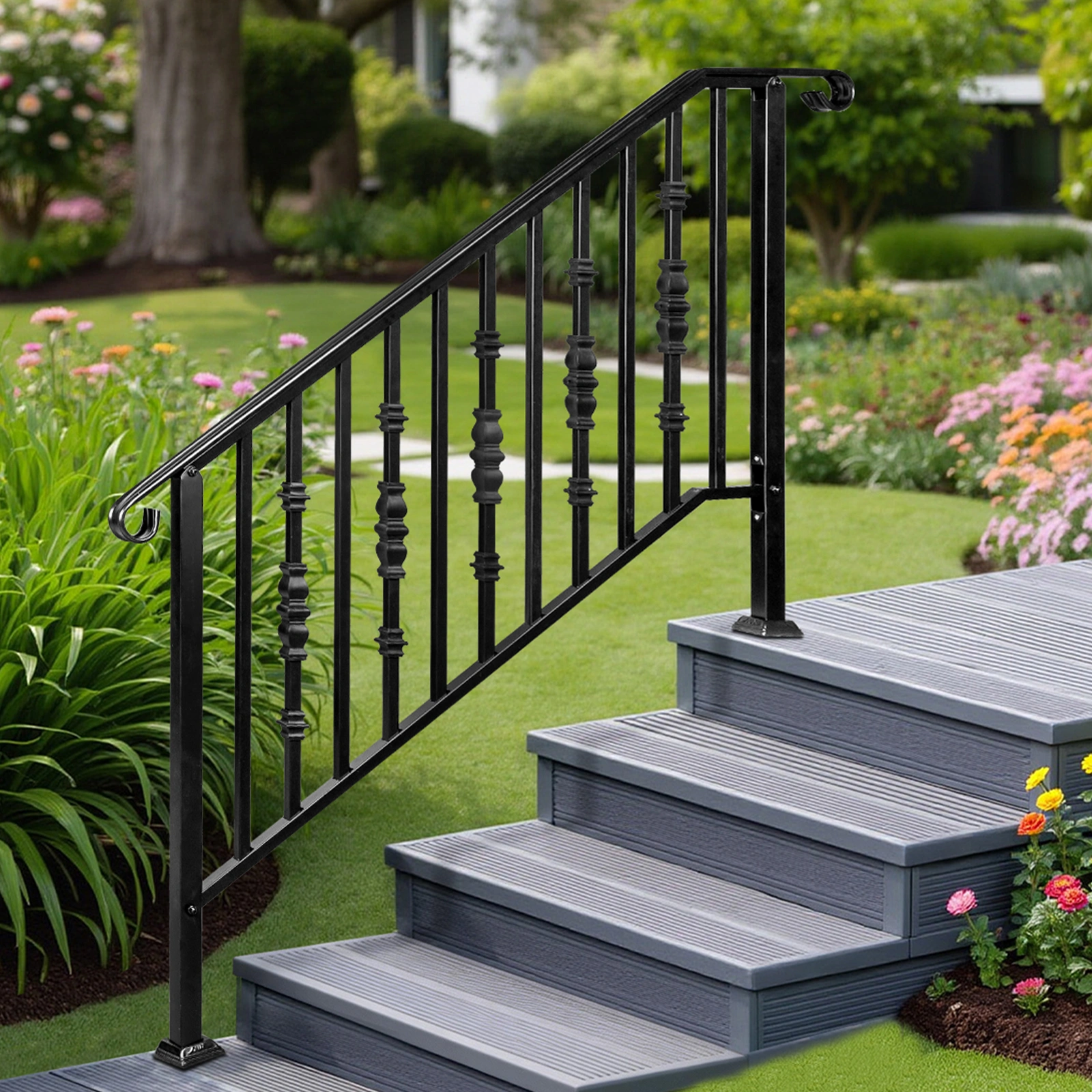 Matte Black Outdoor 4 Level Iron Handrail view 11