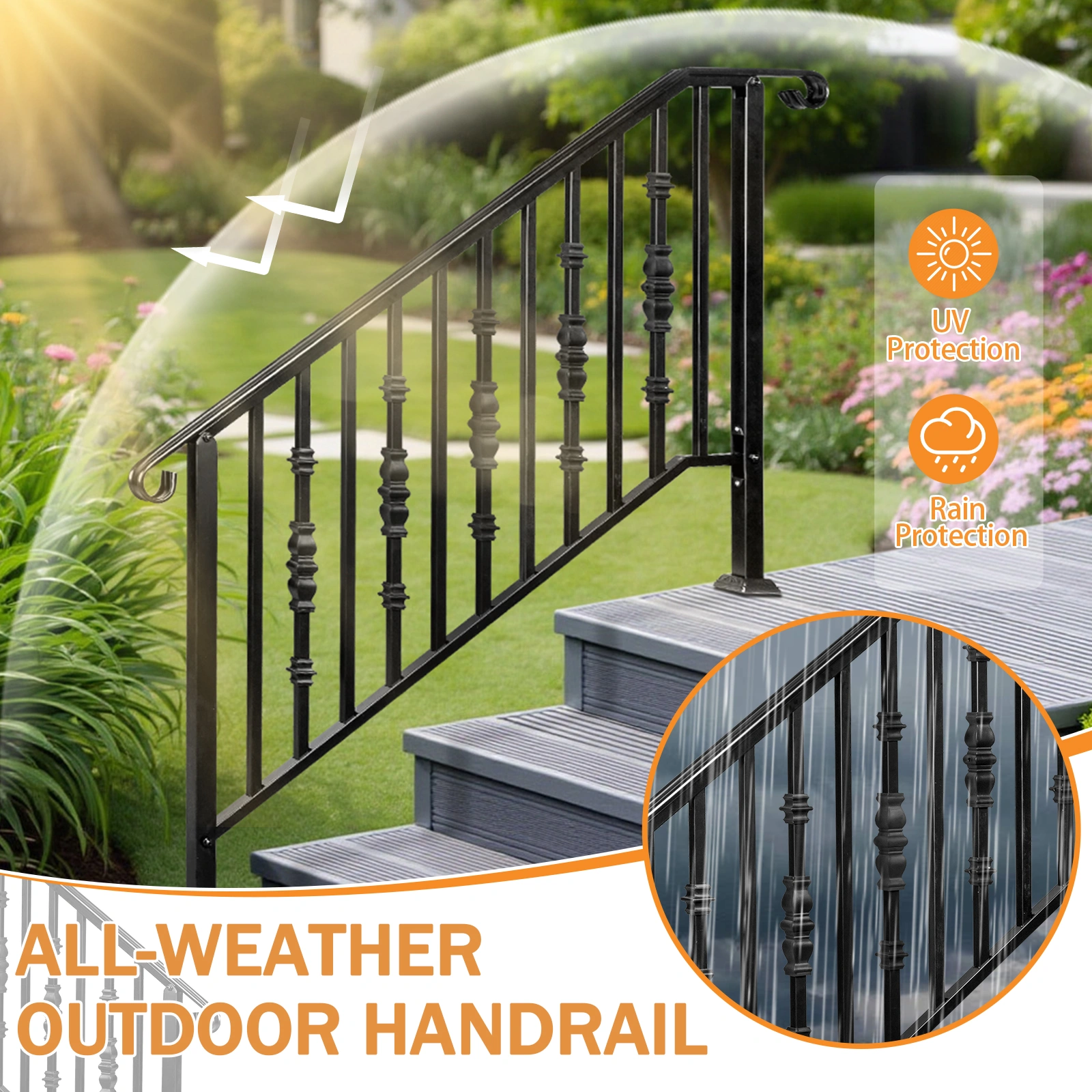 Matte Black Outdoor 4 Level Iron Handrail view 12