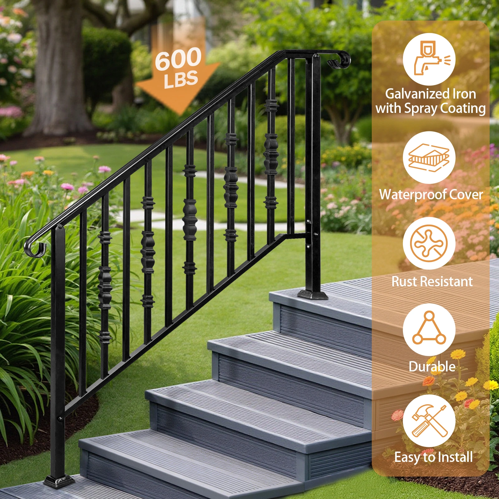 Matte Black Outdoor 4 Level Iron Handrail view 13