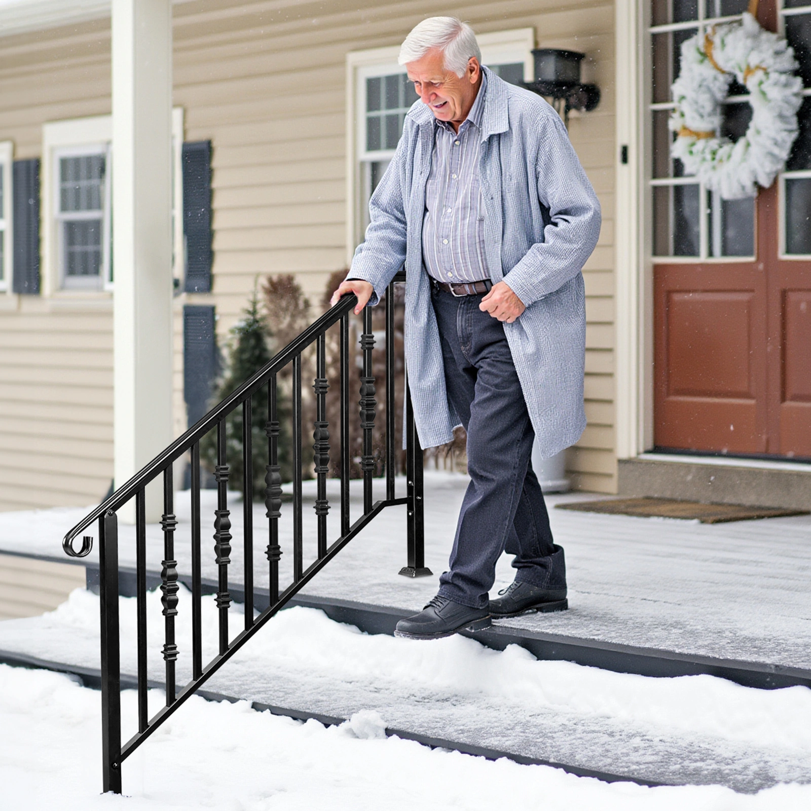 Matte Black Outdoor 4 Level Iron Handrail view 15
