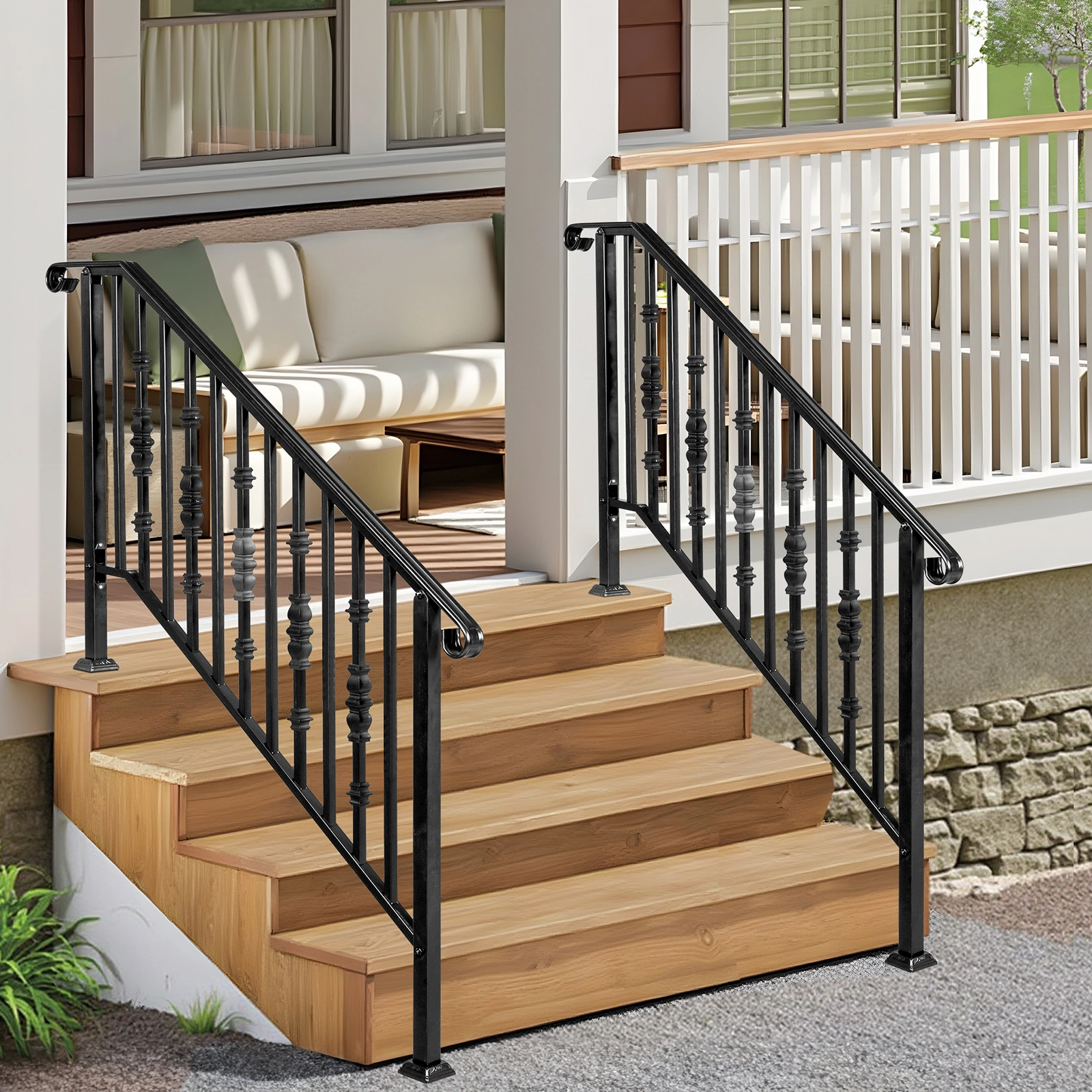 Matte Black Outdoor 4 Level Iron Handrail view 16