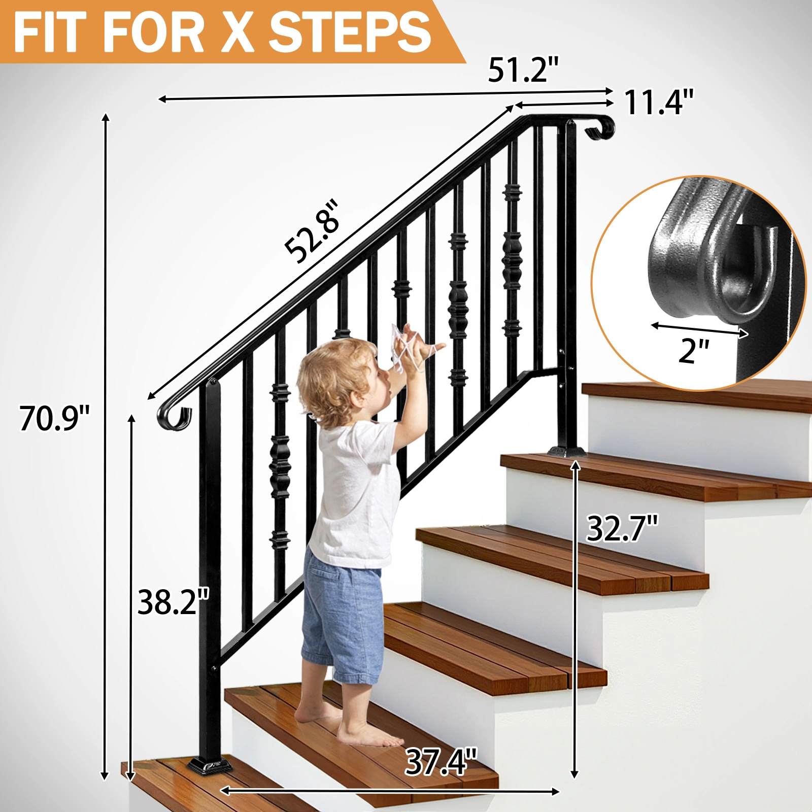 Matte Black Outdoor 4 Level Iron Handrail view 9