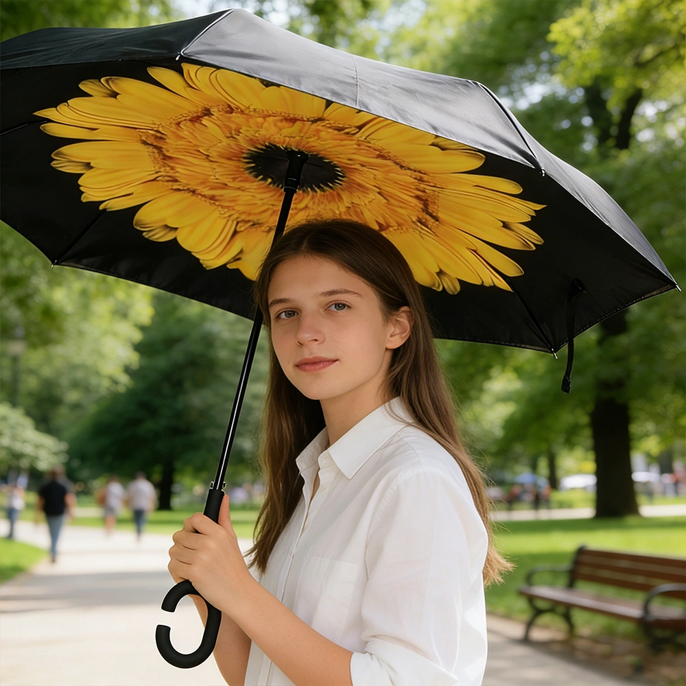 Sunflower Double Layer Inverted Umbrella Windproof UV Protection Reverse Open C Handle Large Self Standing Umbrella view 2