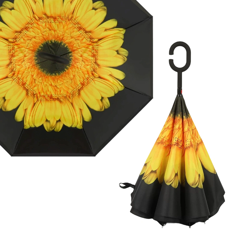 Sunflower Double Layer Inverted Umbrella Windproof UV Protection Reverse Open C Handle Large Self Standing Umbrella view 3