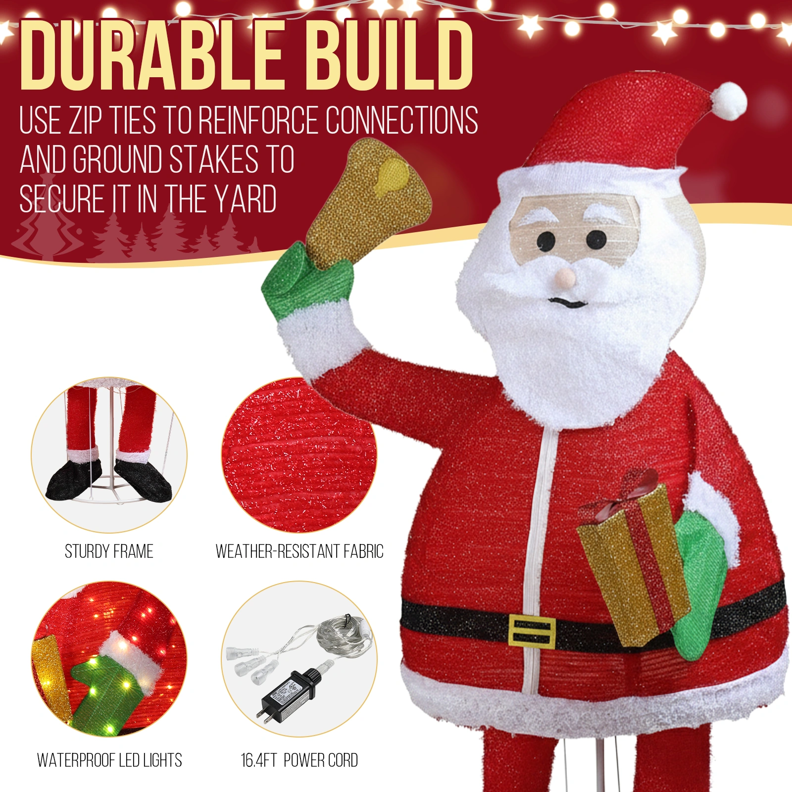 8M Lighted Pull-Up Santa Claus Holding Bell Christmas Yard Decoration, 200 Warm White LED Pre-Lit Outdoor Indoor Holiday Decor view 5