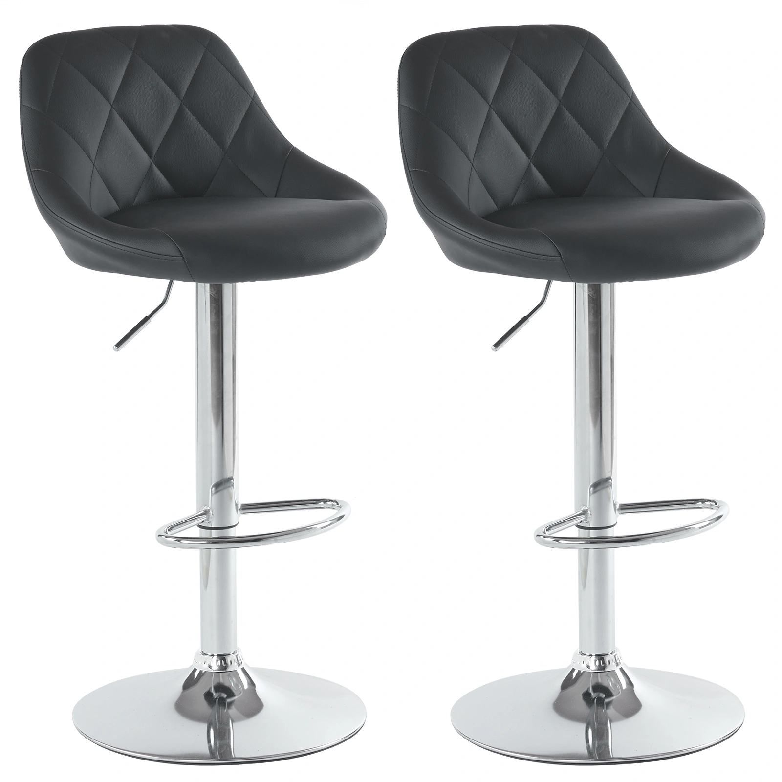 Set of 2 PU Leather Counter Bar Stools, Adjustable Height Swivel Stool with Backrest, Black Upholstered Kitchen Island Stools