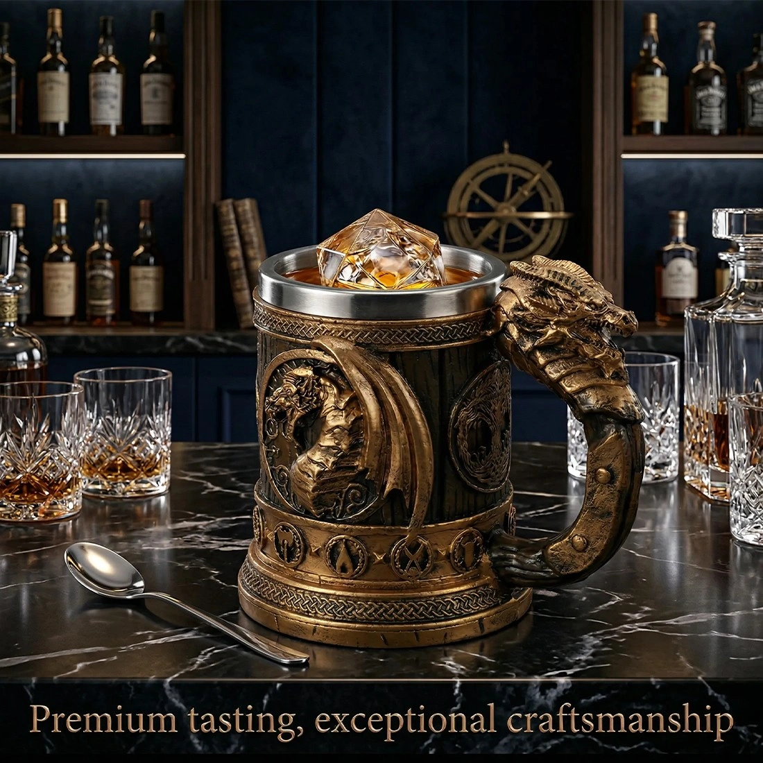 Viking Beer Mug 550ml Stainless Steel Tankard - Nordic Retro Style Ale Coffee Cup & Beer Stein view 2