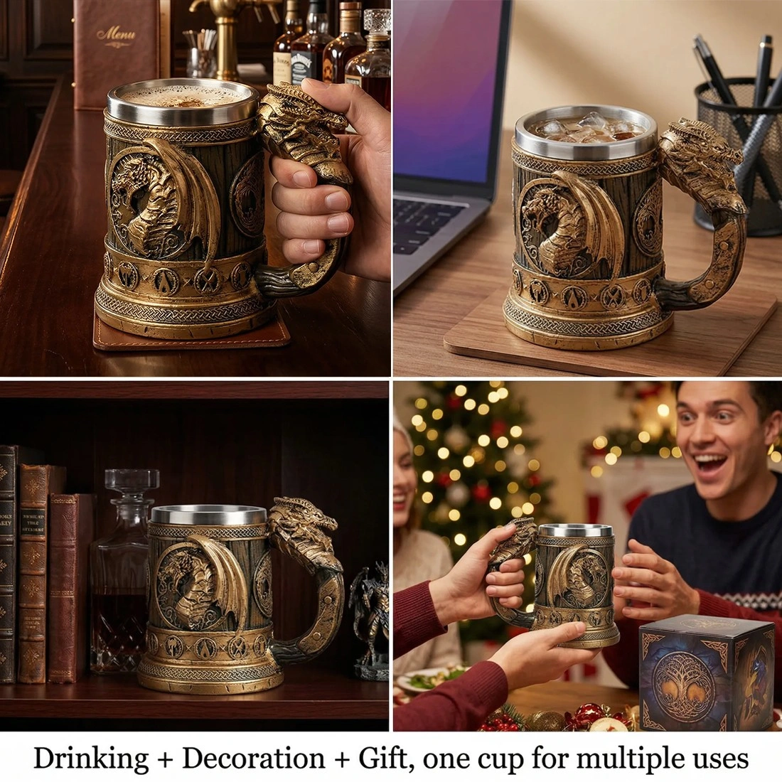 Viking Beer Mug 550ml Stainless Steel Tankard - Nordic Retro Style Ale Coffee Cup & Beer Stein view 5