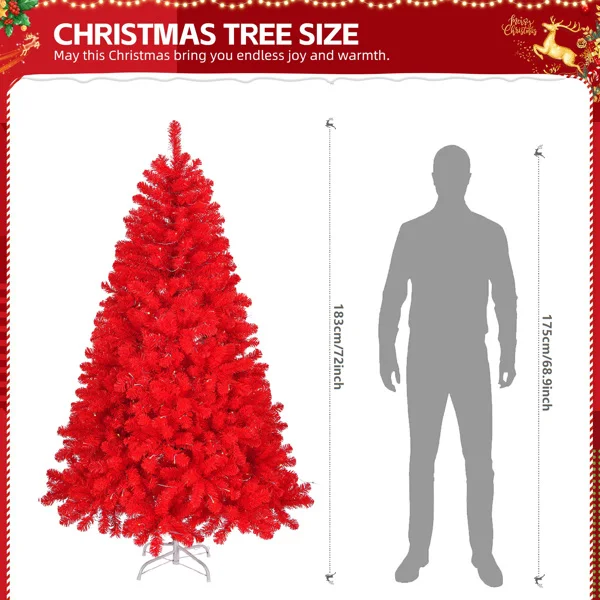 6 FT Artificial Christmas Tree, Unlit Hinged Christmas Pine Tree with 800 Branch Tips and Sturdy Metal Stand, Red view 3