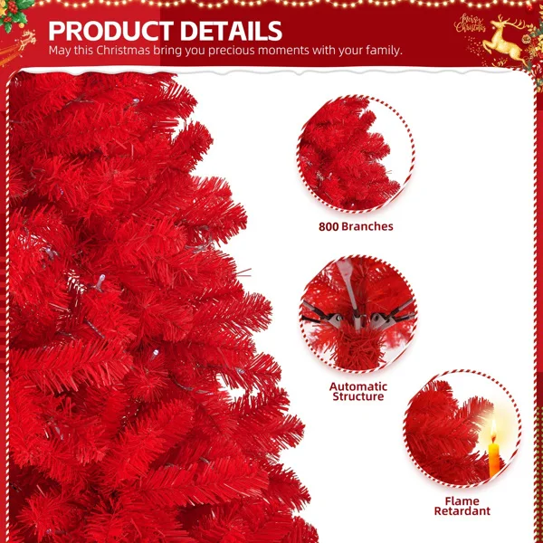 6 FT Artificial Christmas Tree, Unlit Hinged Christmas Pine Tree with 800 Branch Tips and Sturdy Metal Stand, Red view 4