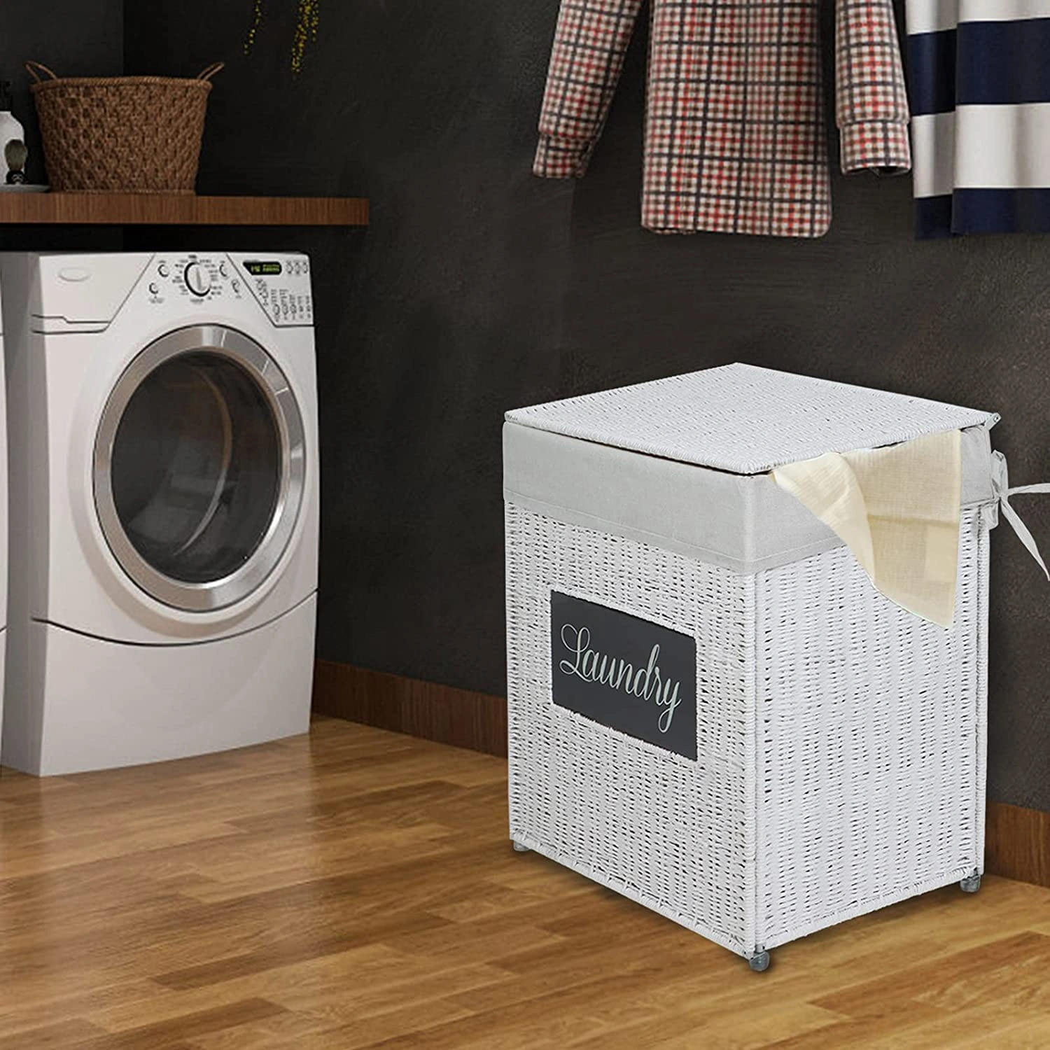 White Paper Woven Laundry Hamper with Lid Handles Liner Bag Clothes Storage Basket view 2
