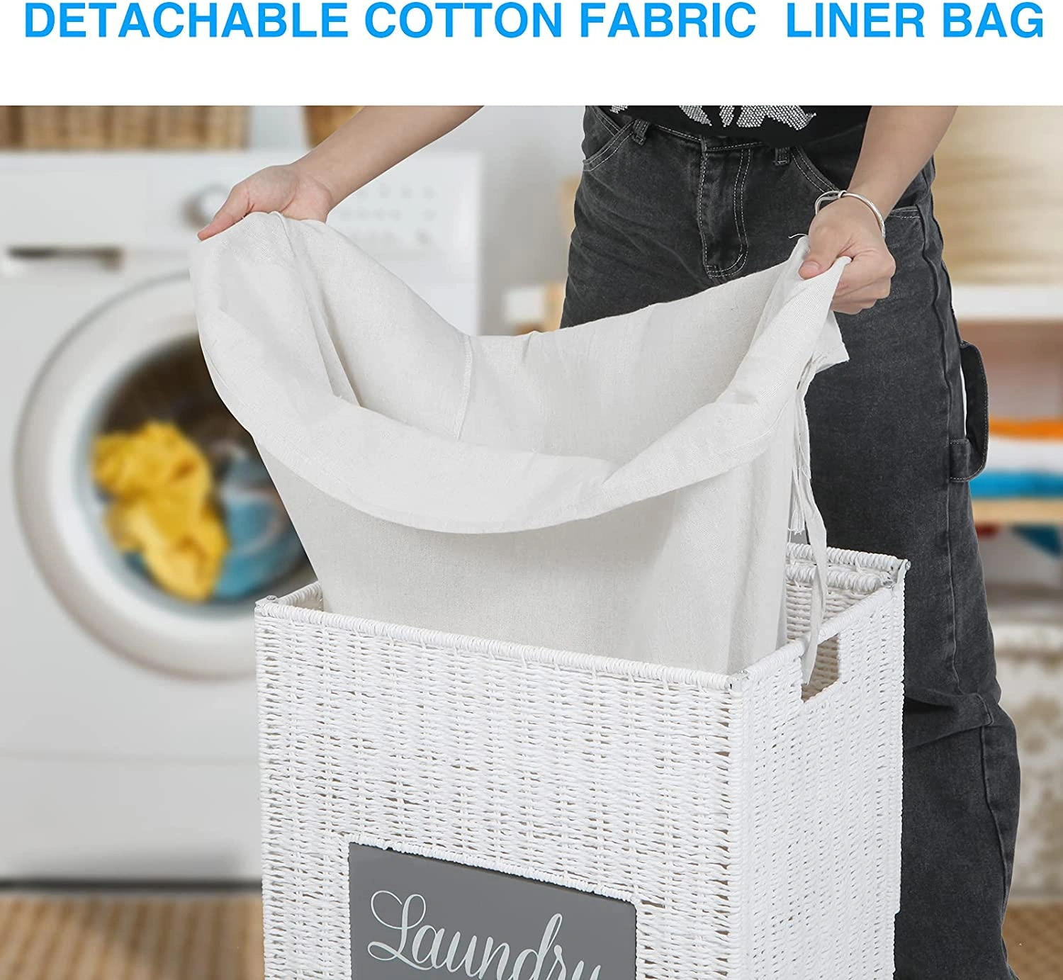 White Paper Woven Laundry Hamper with Lid Handles Liner Bag Clothes Storage Basket view 3