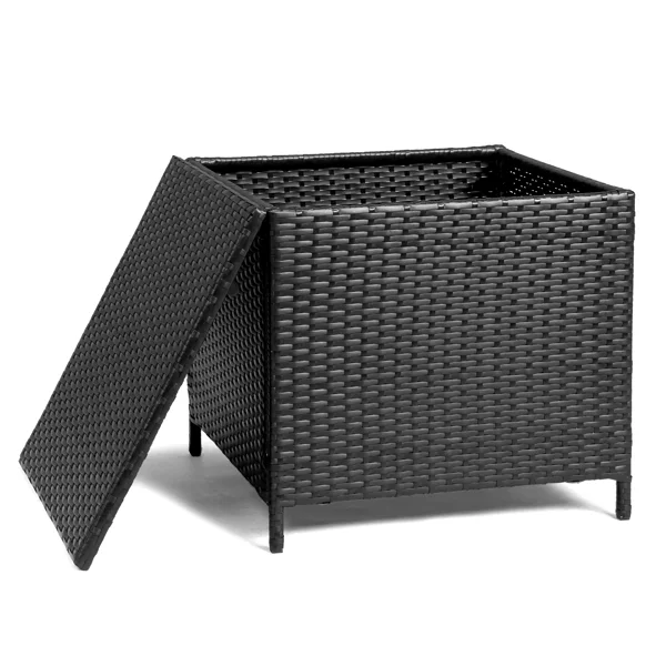 Outdoor PE Wicker Side Table with Storage, Patio Rattan End Table Square Container for Furniture Covers, Toys and Gardening Tools, Black view 2
