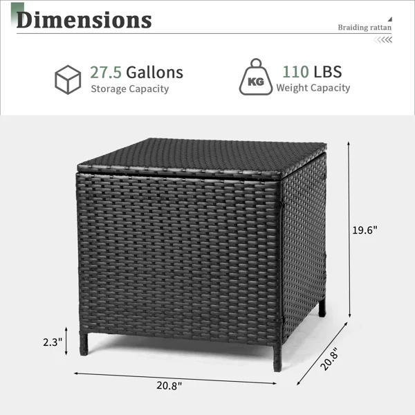 Outdoor PE Wicker Side Table with Storage, Patio Rattan End Table Square Container for Furniture Covers, Toys and Gardening Tools, Black