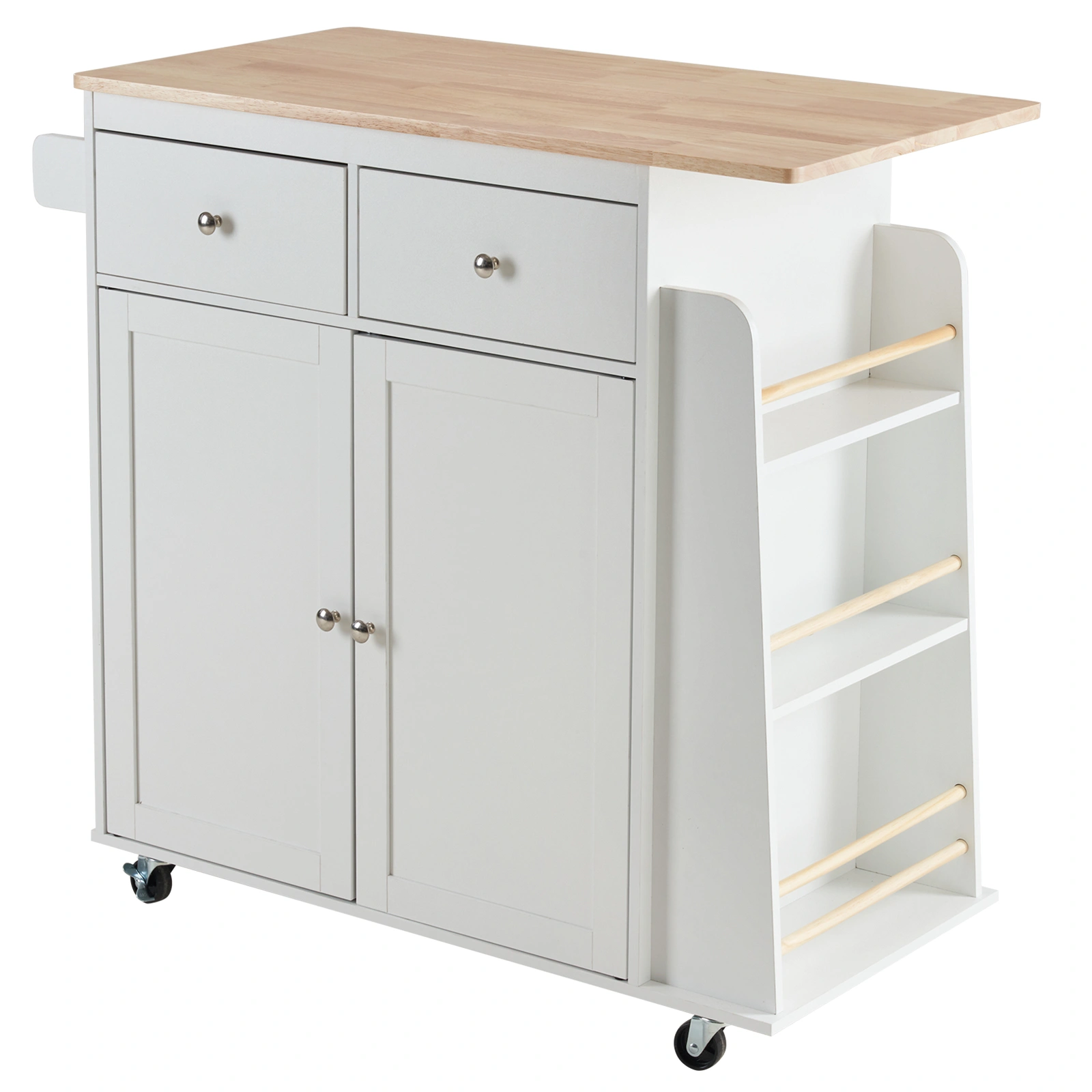 Kitchen Island Cart with Solid Wood Top, 2 Drawers, 3 Open Shelves, Towel Rack, Rolling Mobile Storage on Wheels
