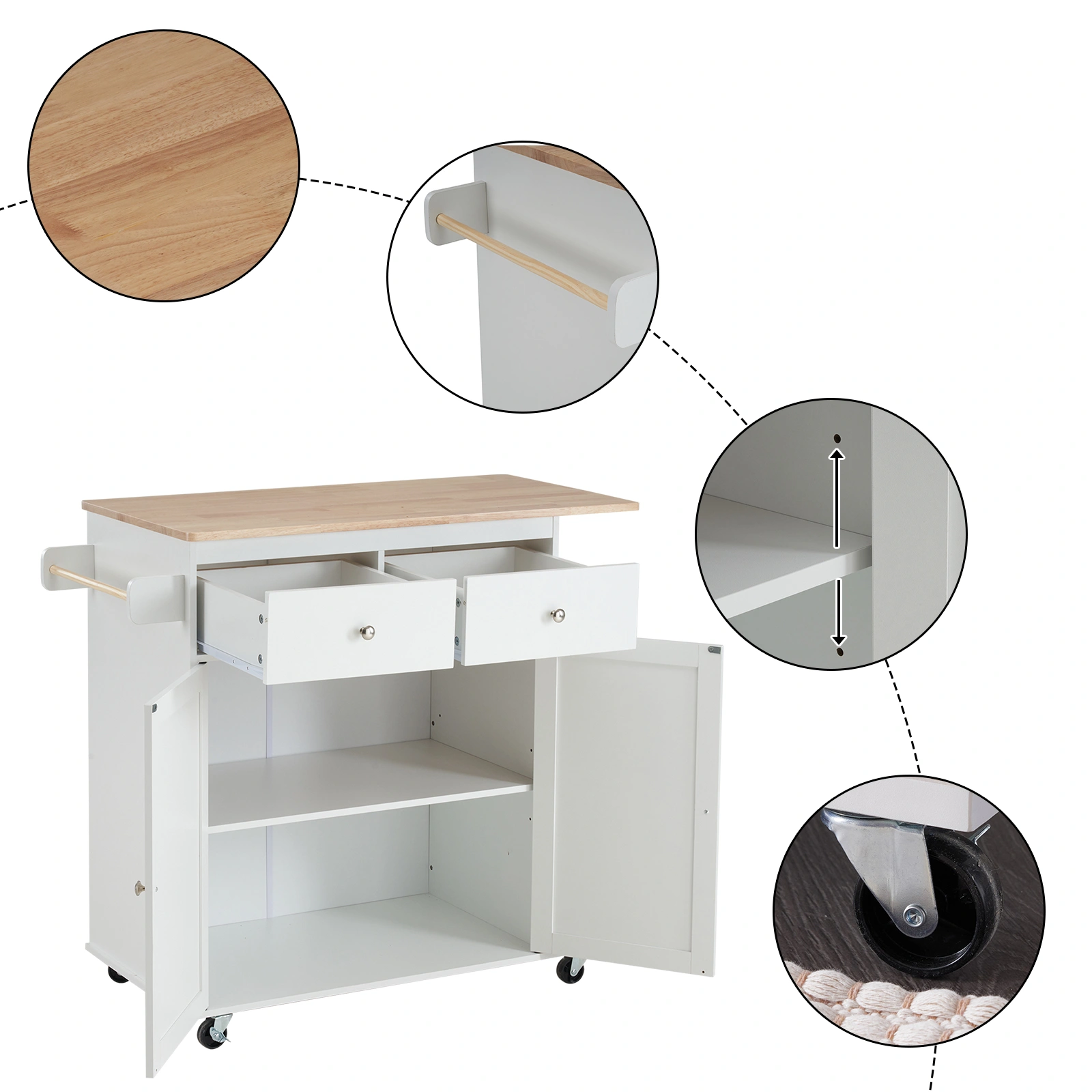 Kitchen Island Cart with Solid Wood Top, 2 Drawers, 3 Open Shelves, Towel Rack, Rolling Mobile Storage on Wheels view 2
