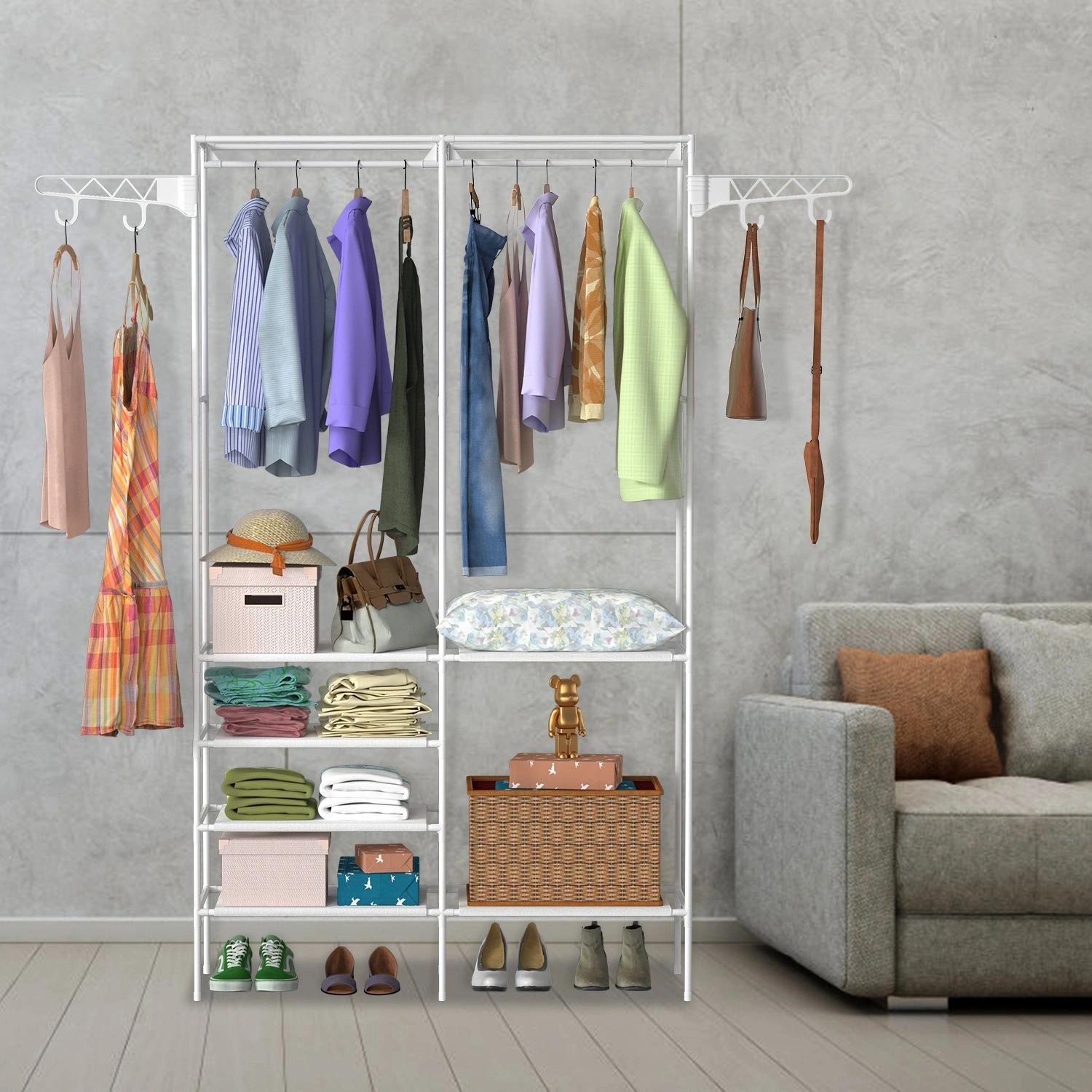 66.1x42.1x14.2in Perfect 4 layers of shelves Closet Organizing rack, weight capacity of the hanging rod and the fabric rack reaches up to 33lbs and 11lbs separately.