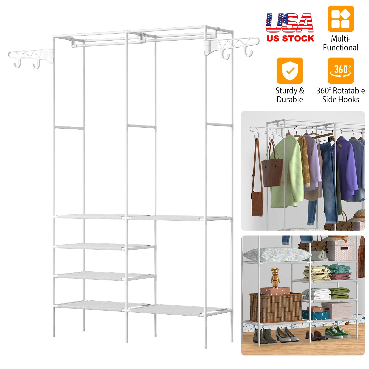 66.1x42.1x14.2in Perfect 4 layers of shelves Closet Organizing rack, weight capacity of the hanging rod and the fabric rack reaches up to 33lbs and 11lbs separately. view 2