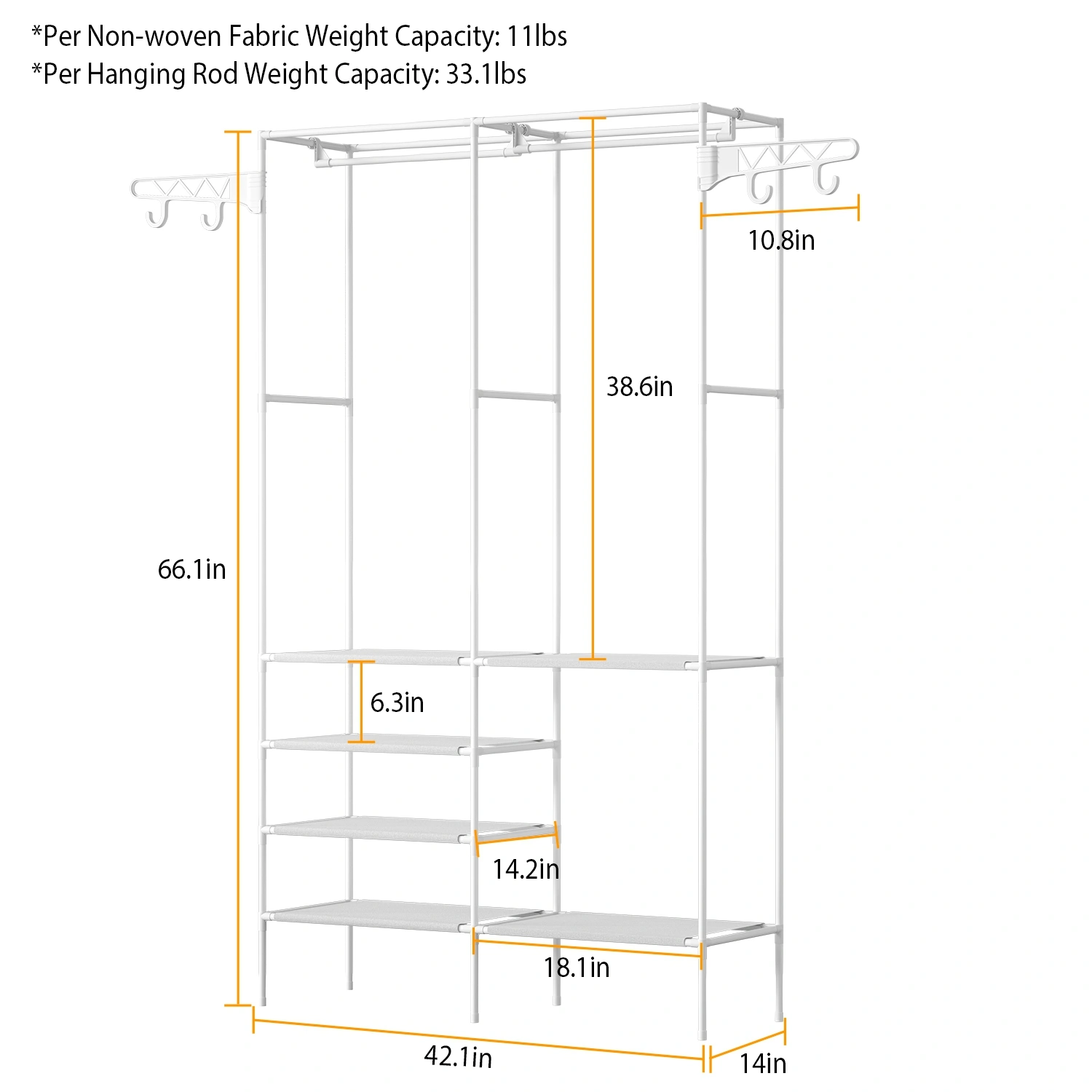 66.1x42.1x14.2in Perfect 4 layers of shelves Closet Organizing rack, weight capacity of the hanging rod and the fabric rack reaches up to 33lbs and 11lbs separately. view 7