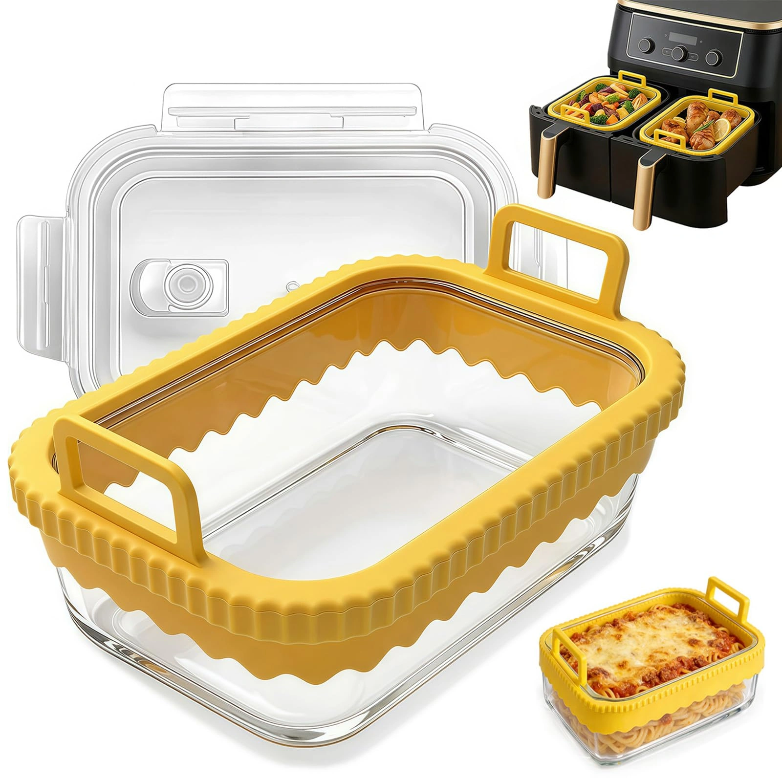 Glass Air Fryer Dish with Lid, Removable Silicone Ring, BPA-Free, Fits Ninja AF400EU/SL400EU/AF500EU & Cosori 2-Basket
