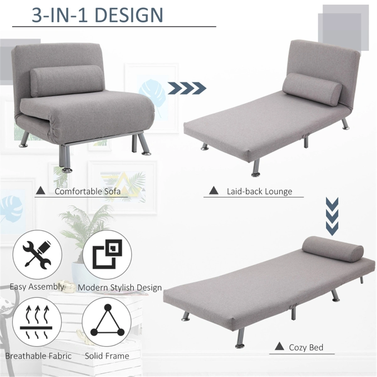 Convertible Sofa Bed Chair, Single Size Futon Couch, Space Saving Sleeper Seat view 3